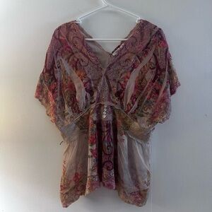 CATO Womens Boho Floral Design Tunic Blouse Lace Strips Sleeves size x large
